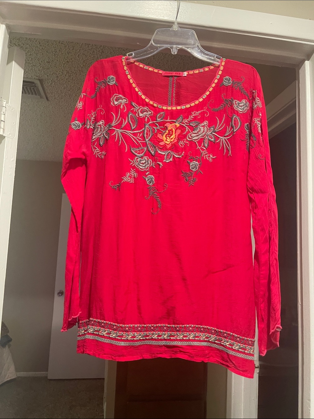 Johnny Was Sheer Embroidered Red Women's Long-Sleeve Tunic Top